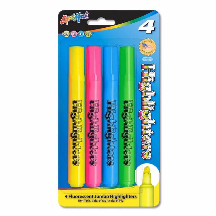4 Pack Fluorescent Broadline Highlighters, Chisel Tip - Made in the USA