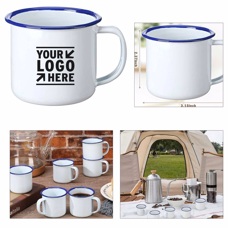 12 oz Mini Enamel Camping Coffee Mugs Metal Small Classic Vintage Portable White Campfire Cup