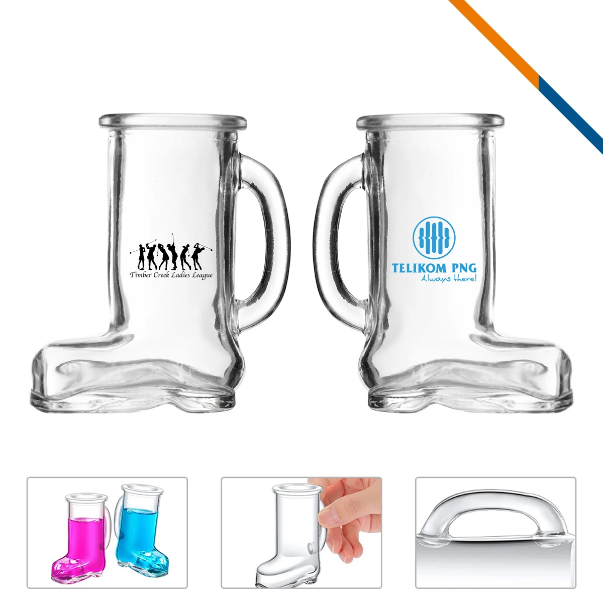 Brina Boot Shot Glasses, custom glassware with logo imprint 1
