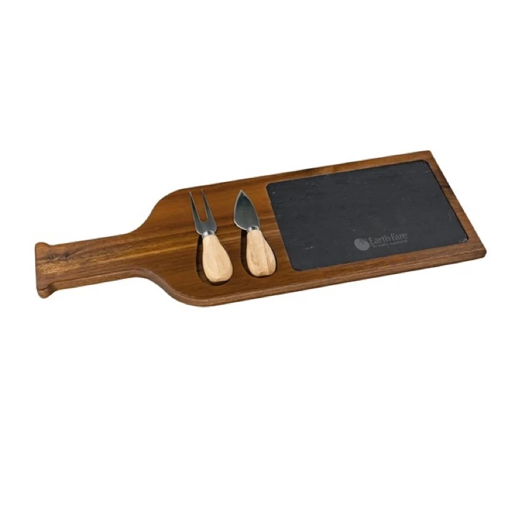 Flair Acacia Wood & Slate Serving Bottle Board w/2 Tools 1