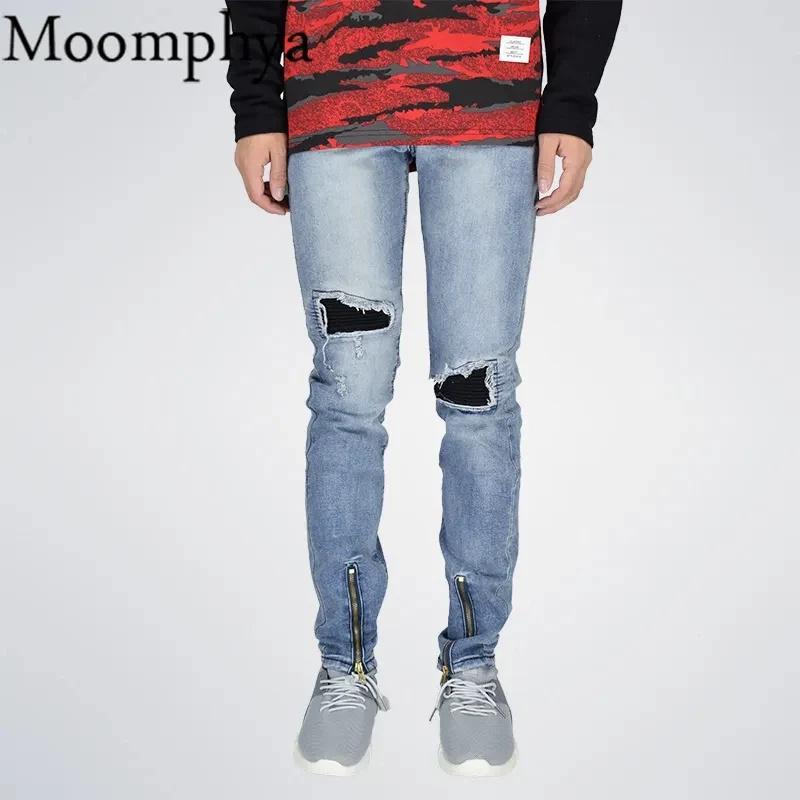 Men's Zipper Slim Fit Ripped Biker Jeans with Pleated Patch 1