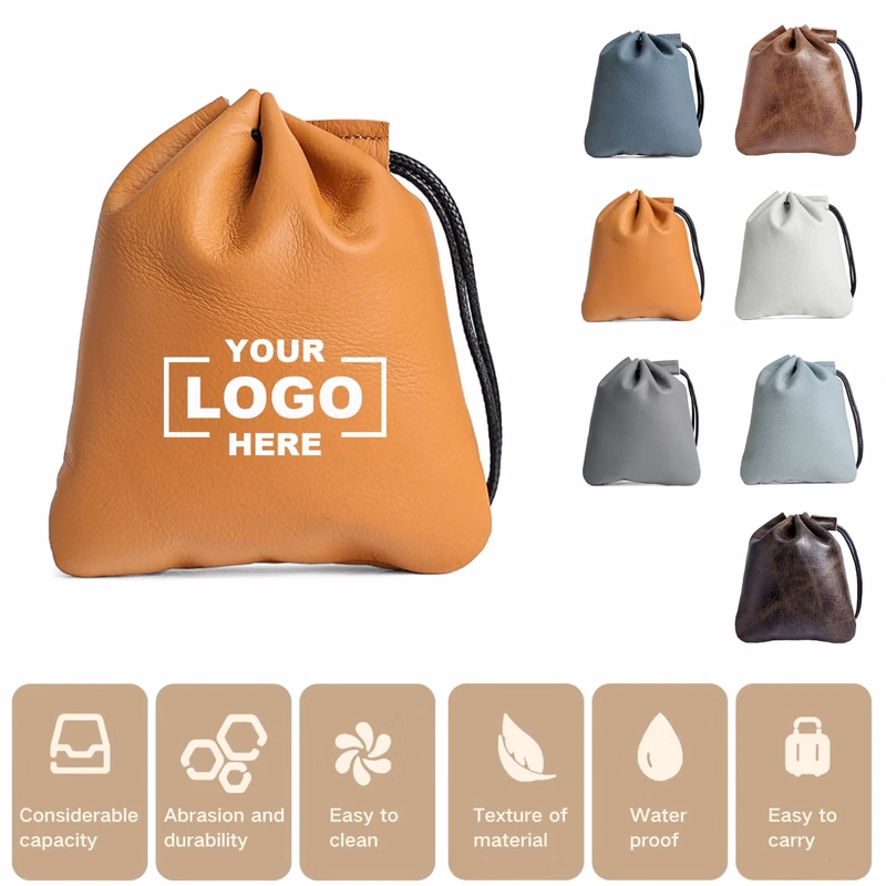 True Leather Drawstring Closure Portable Coin