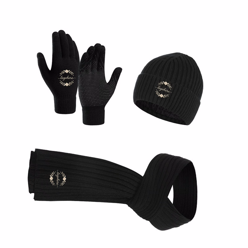 MOQ 10 Embroidered Cold Weather Combo, Beanie Scarf Touch Gloves