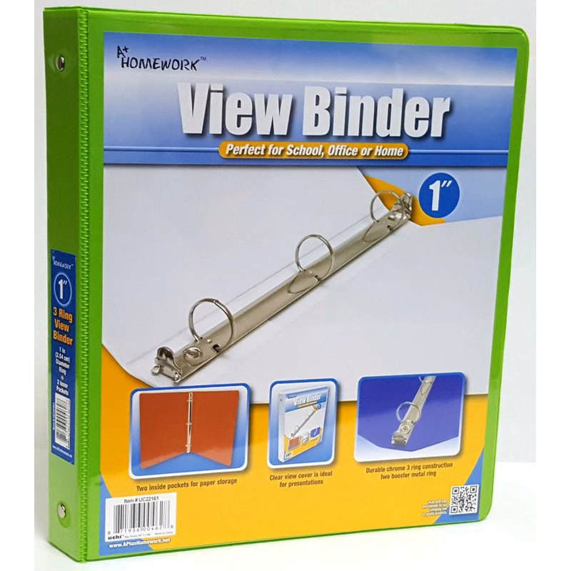 1" 3-Ring Binders - Lime Green View Cover 2 Pockets