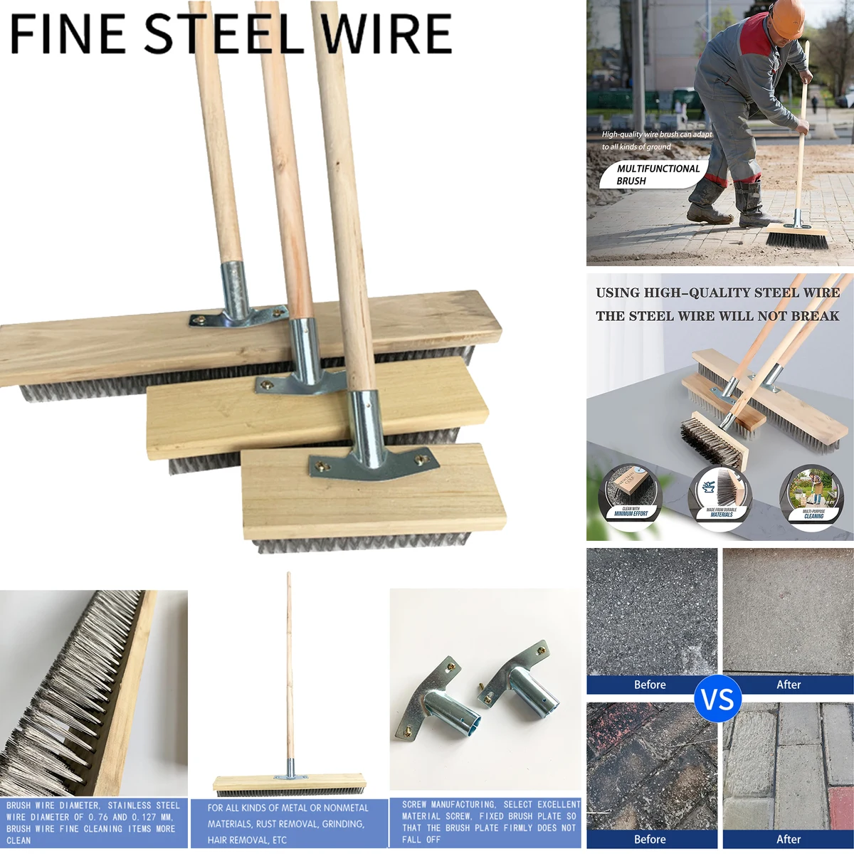 11 13/16" Stainless Steel Wire Deck Brush with Wooden Back and Galvanized Steel Wire 11 inch 1