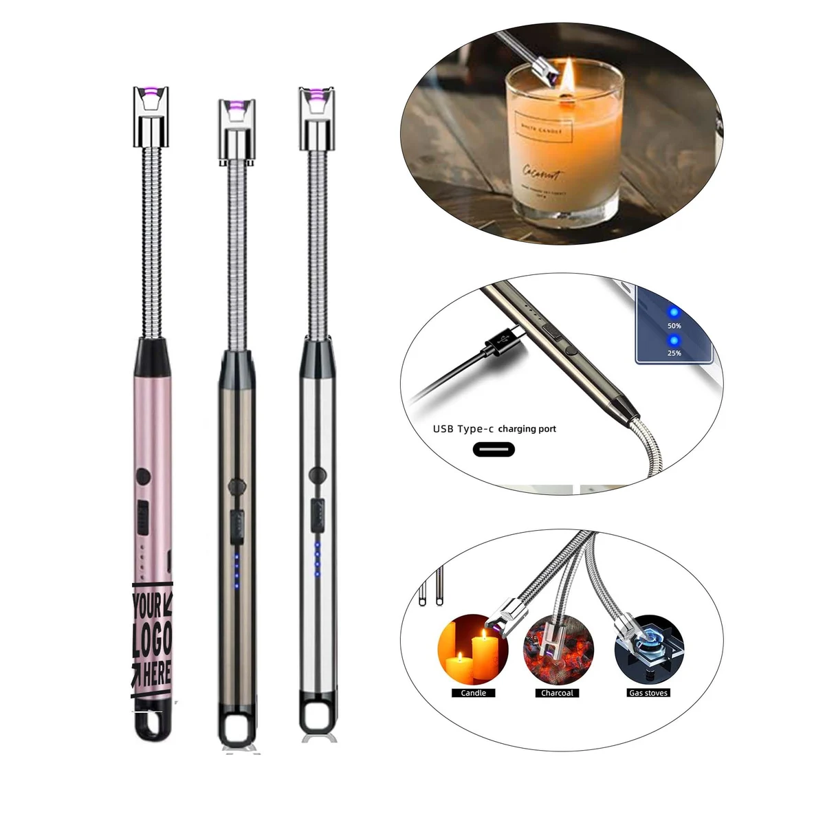 Flameless Windproof LED Battery Display USB Charging Arc Candle Camping BBQ Lighter 1