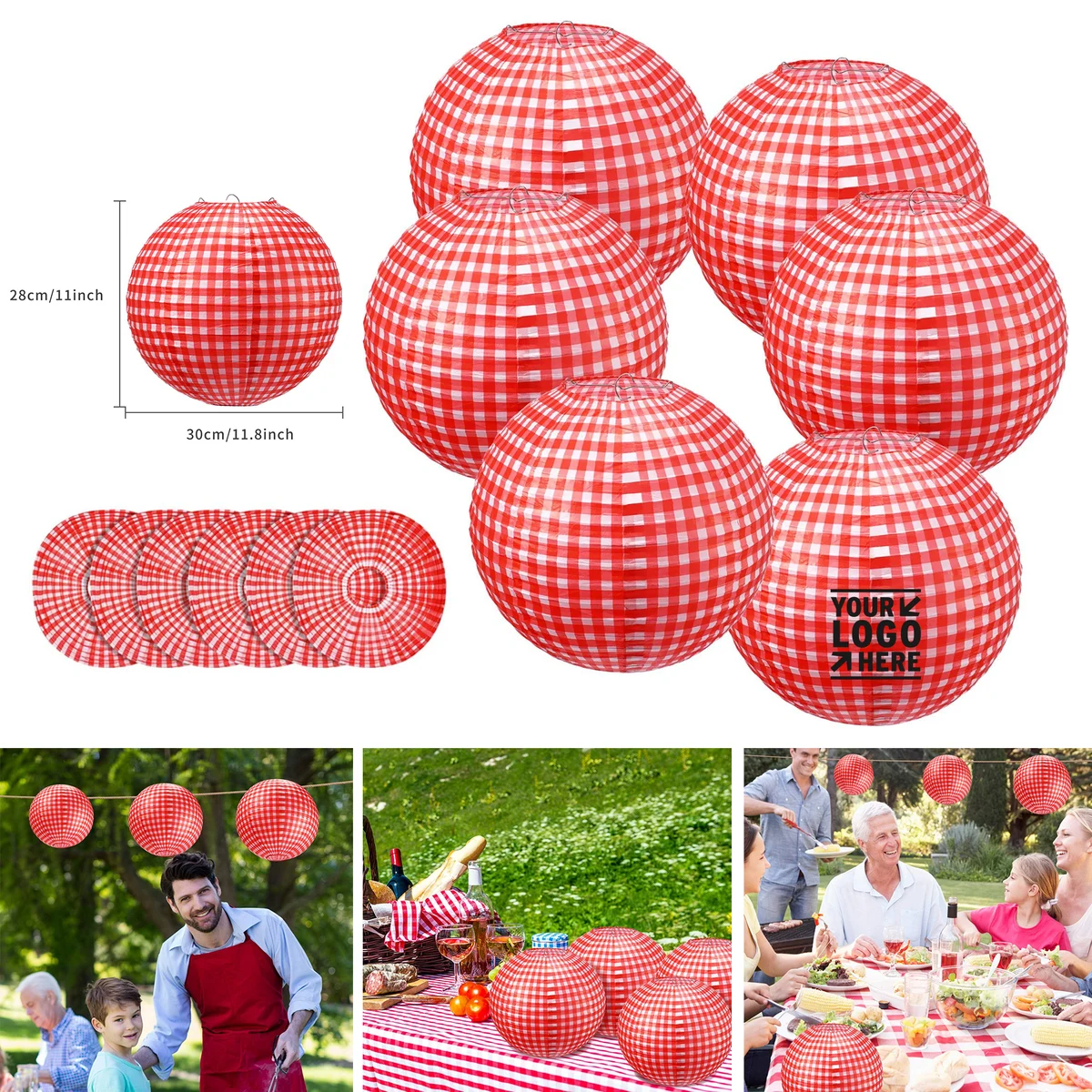 11.8"x11" Picnic Party Decorations Red Paper Checkered Round Hanging Lantern 1