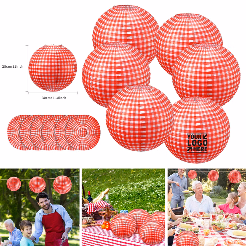 11.8"x11" Picnic Party Decorations Red Paper Checkered Round Hanging Lantern
