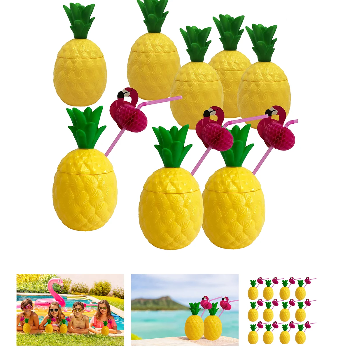 Plastic Pineapple Cups with Flamingo Straws 1
