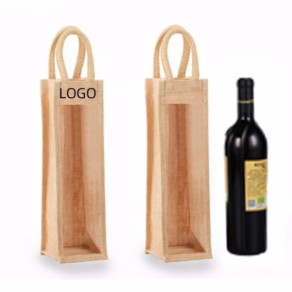 Clear Front Jute Single Bottle Wine Bag