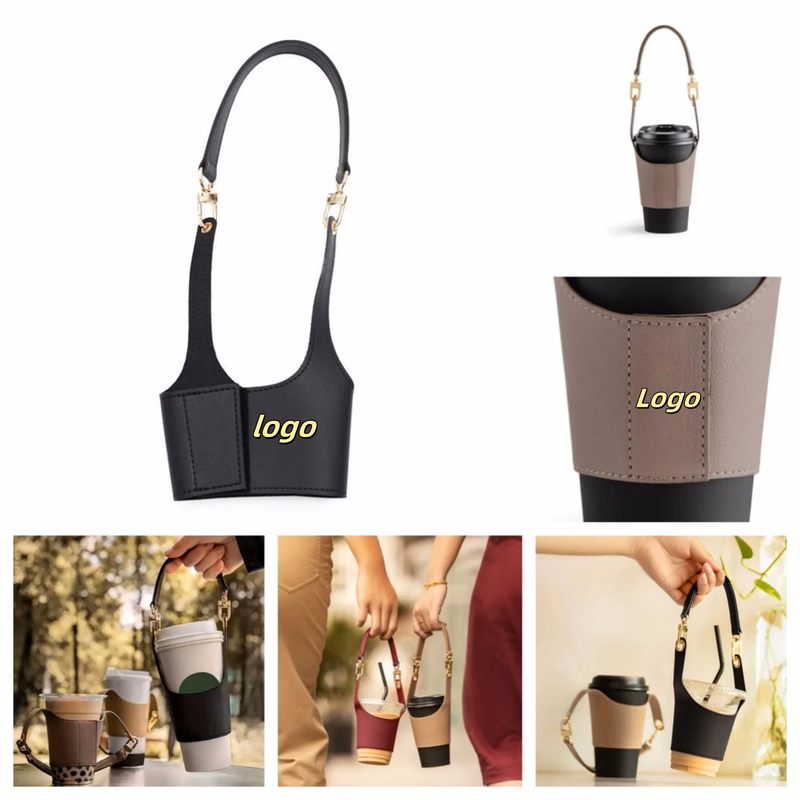 Leather Coffee Cup Sleeve Holder Drink Carrier With Handle