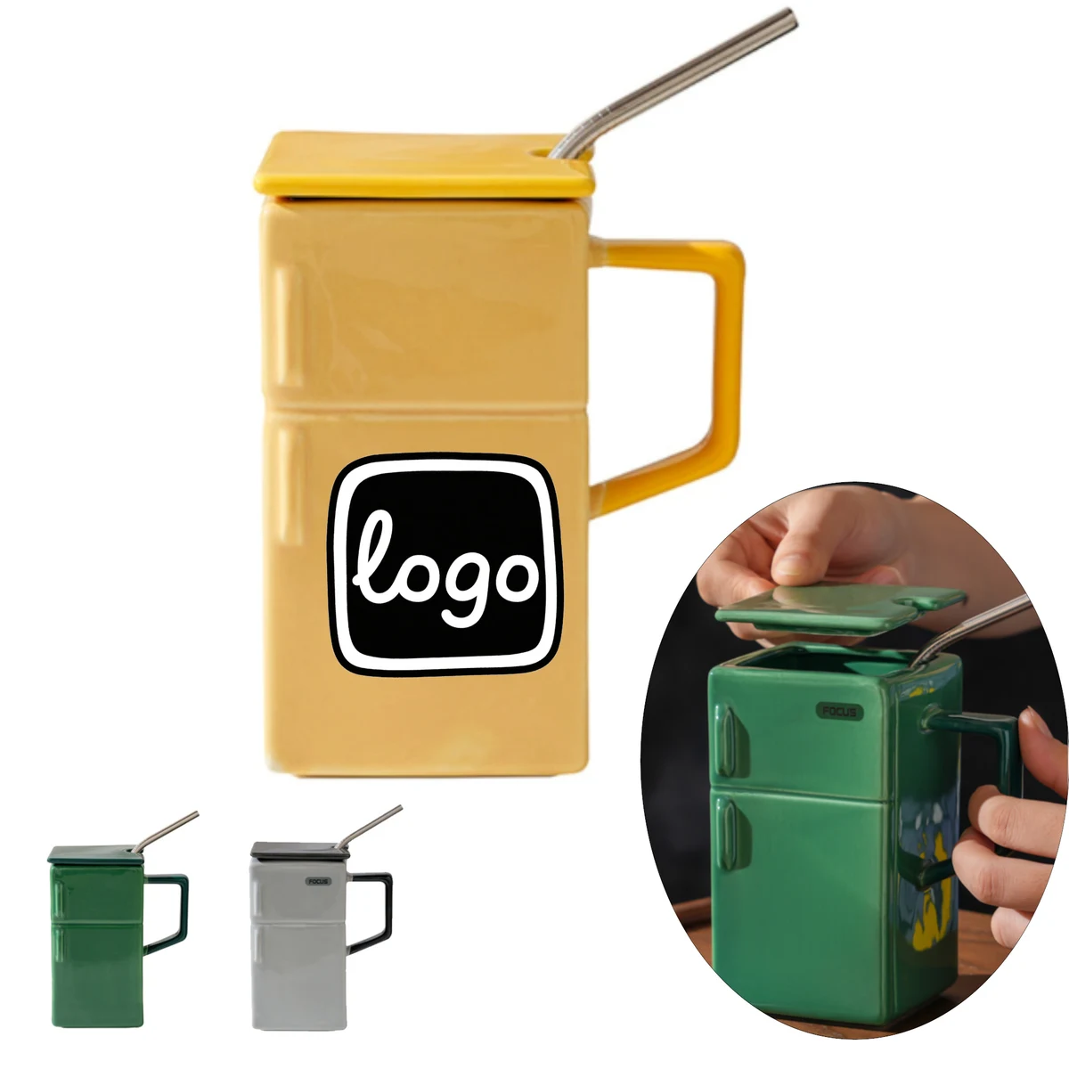 19oz Refrigerator shaped Ceramic Mug with Straw 1