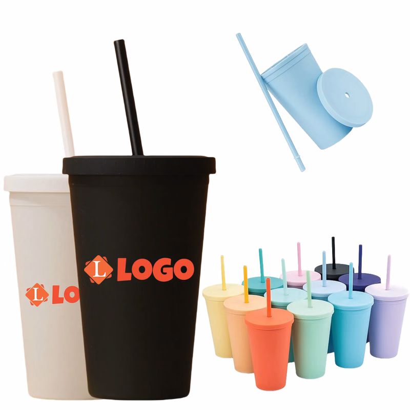 16 Oz Double Walled Cup With Lid And Straw