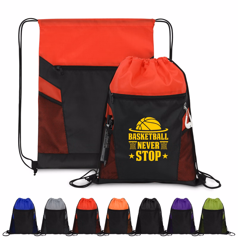 Zippered Drawstring Backpack With Mesh Pockets