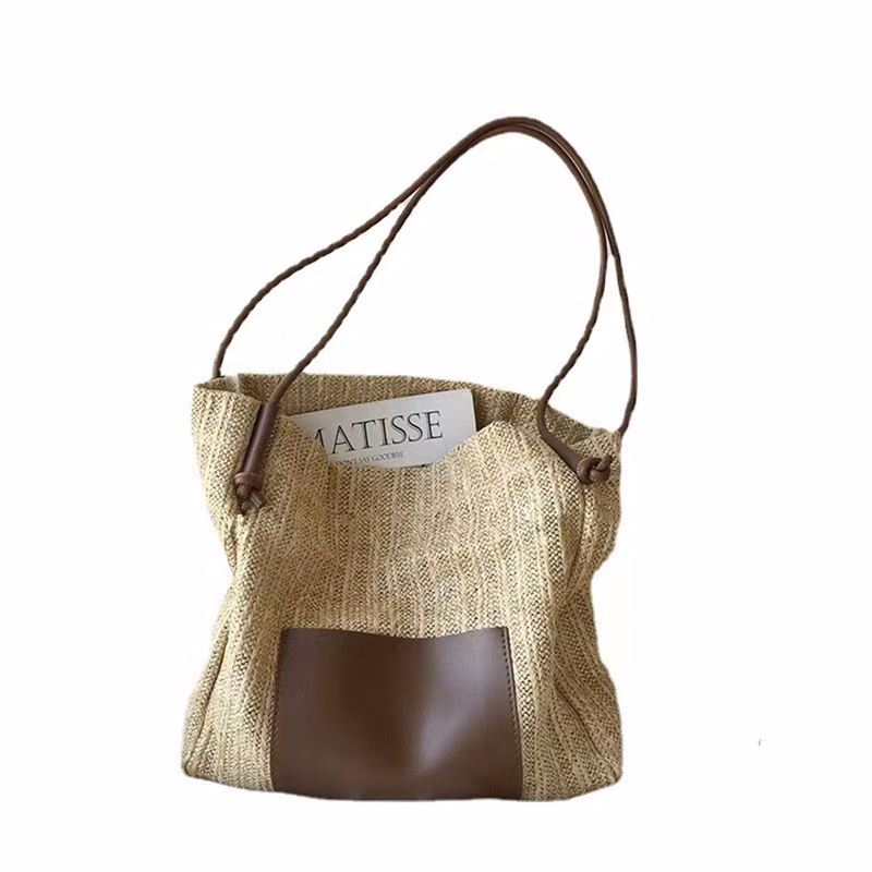 2-In-1 Fashion Straw Tote Bag With Leather Patch