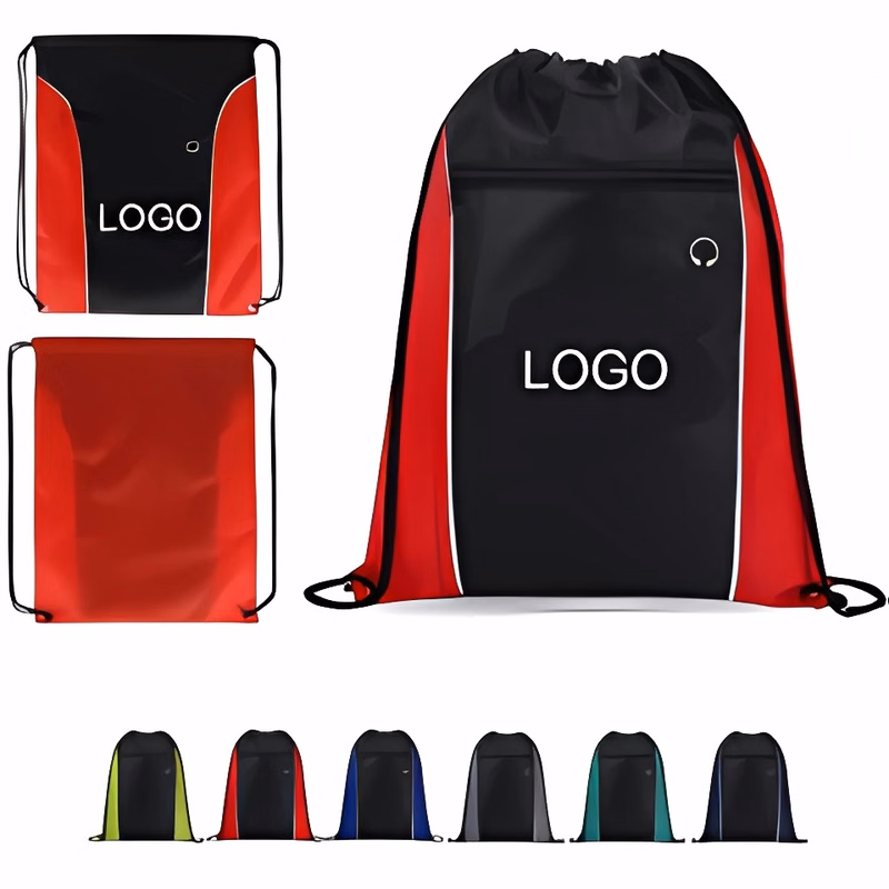 210D Vertical Side Drawstring Backpack W/ Front Zipper