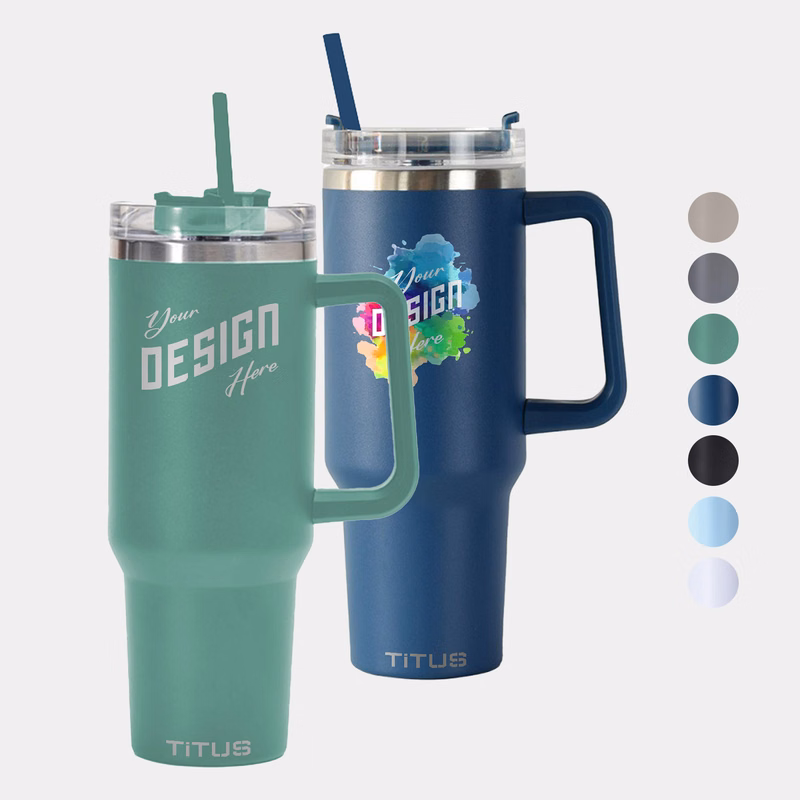 Premium 40 oz TiTUS® Double Wall Stainless Steel Insulated Travel Mug with Straw & Handle