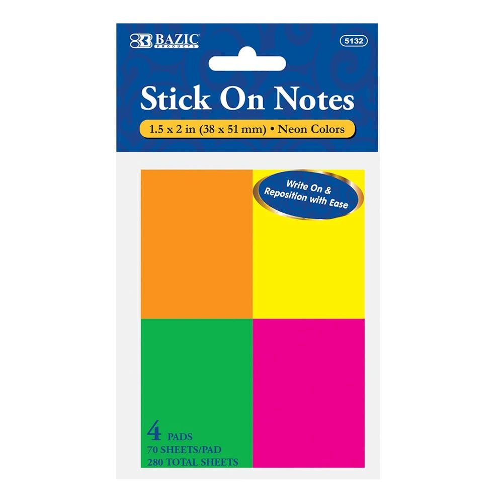 Stick On Notes - 4 Pads 70 Sheets Each Neon 1