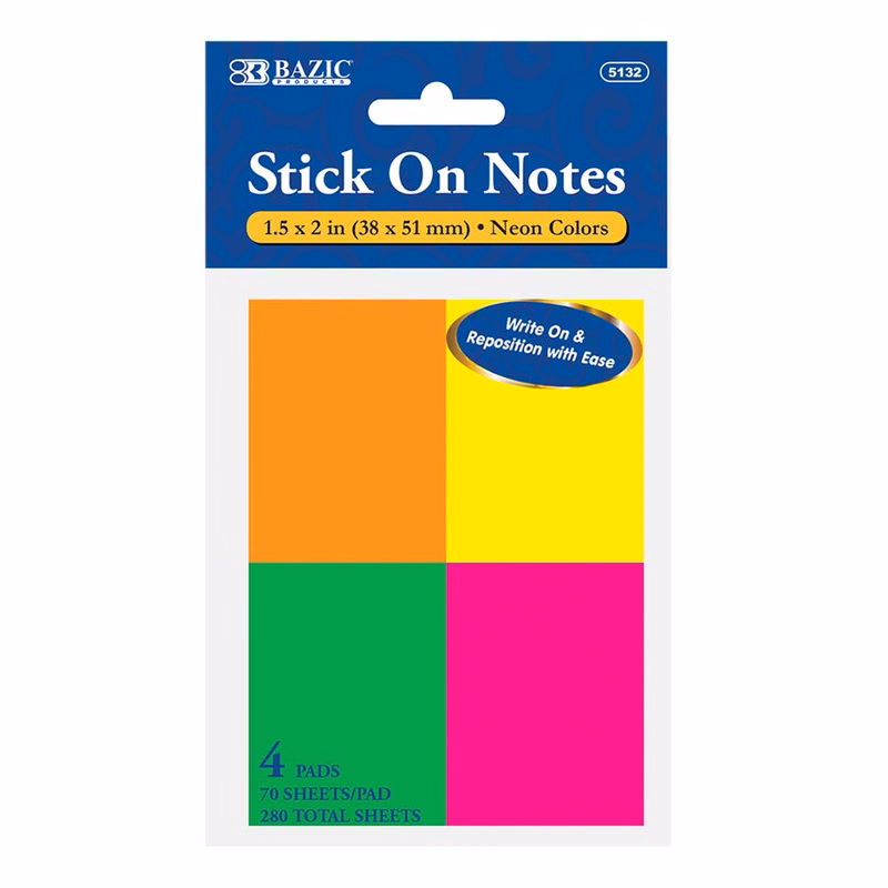 Stick On Notes - 4 Pads 70 Sheets Each Neon