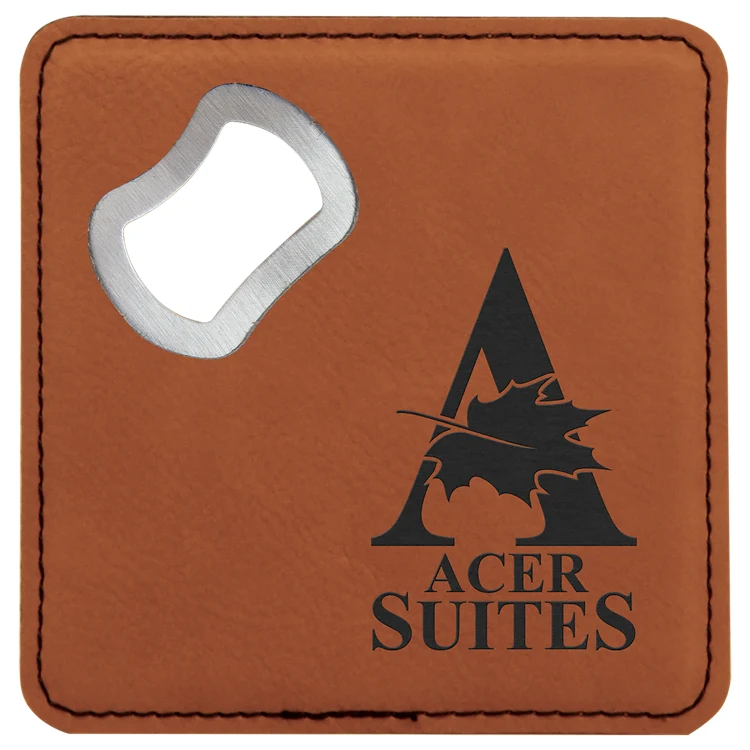 4" x 4" Square Rawhide Leatherette Bottle Opener Coaster 1