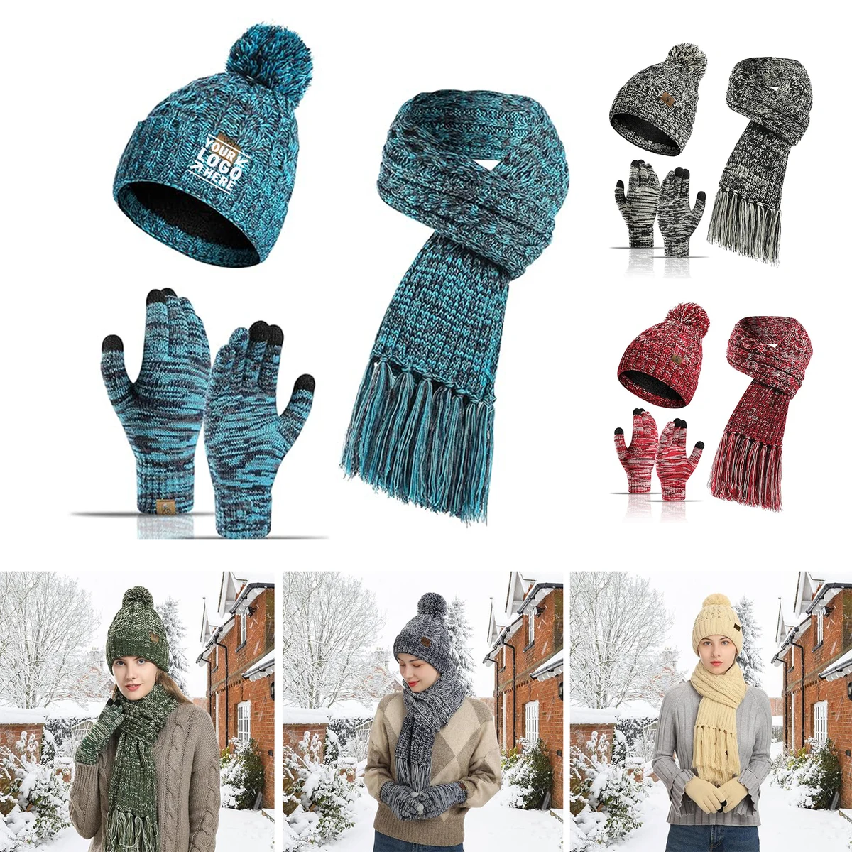 Womens Skull Cap Neck Scarves Winter Warm Beanie Hat Touchscreen Gloves Set
1