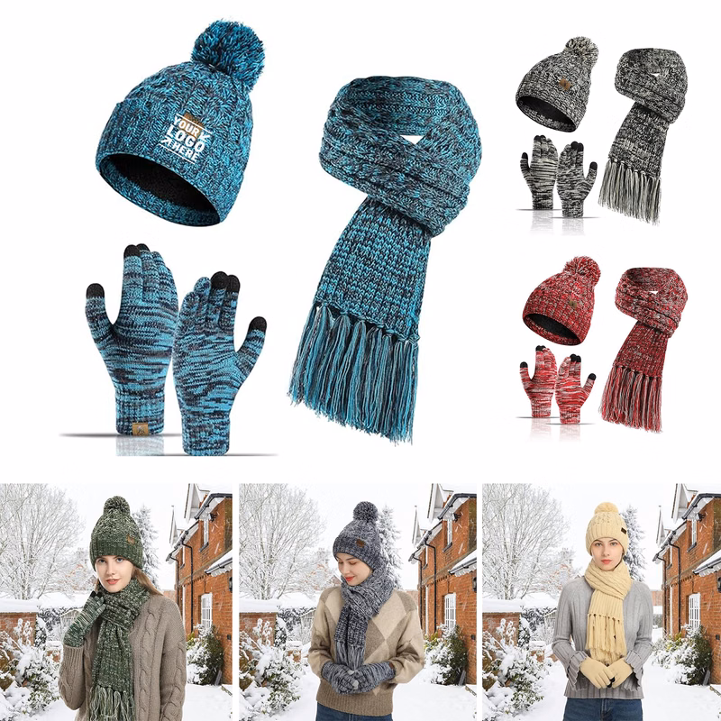 Womens Skull Cap Neck Scarves Winter Warm Beanie Hat Touchscreen Gloves Set
