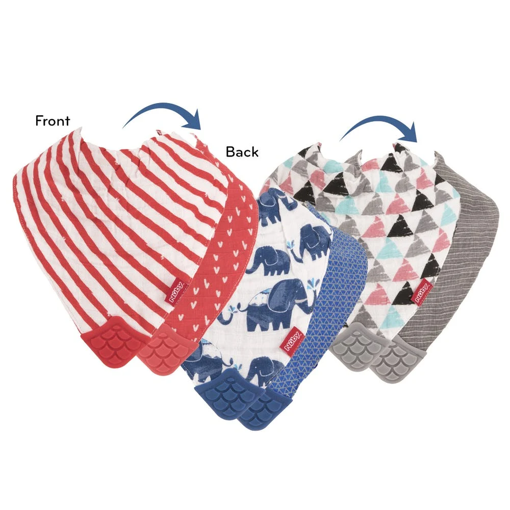 Nuby Muslin Bibs with Teether - Red Stripes/Elephant/Triangles 2 Pack 1