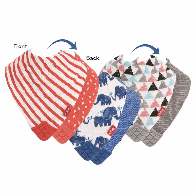 Nuby Muslin Bibs with Teether - Red Stripes/Elephant/Triangles 2 Pack