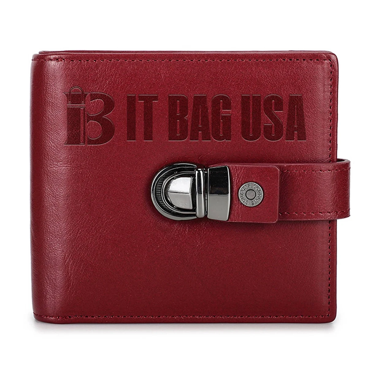 Genuine Leather RFID Small Square Buckle Wallet Women Red 1