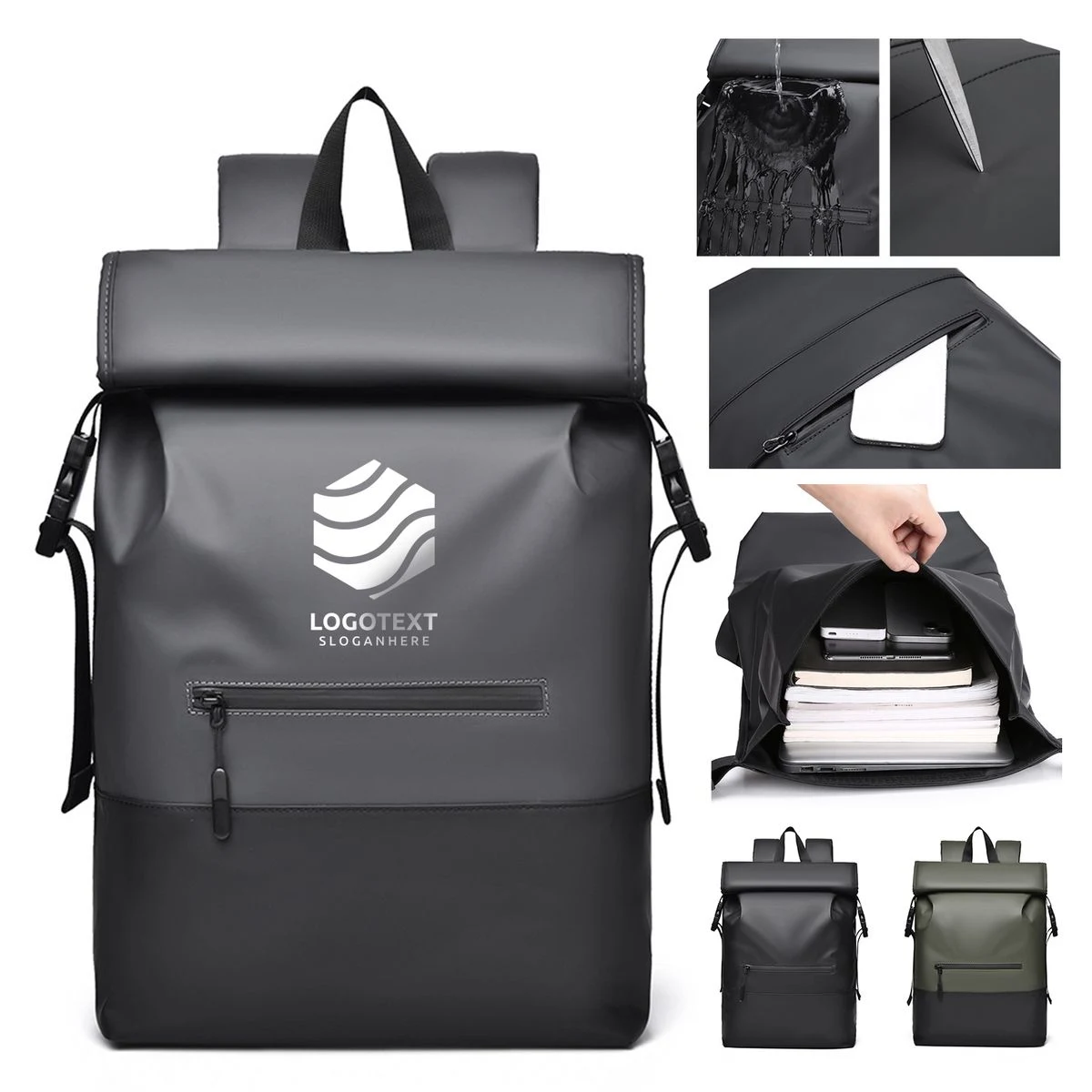 Waterproof PU Fabric Roll Top Backpack 1