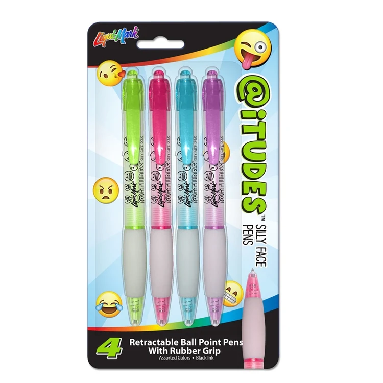 @iTUDES™ 4pk Emoji Silly Face Retractable Ball Point Pens With Rubber Grip 1