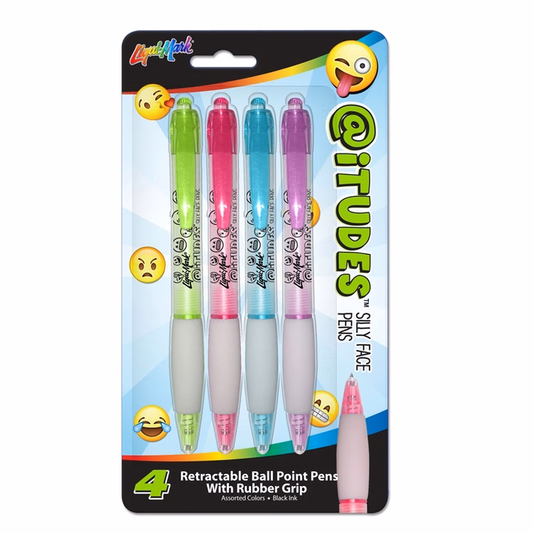 @iTUDES™ 4pk Emoji Silly Face Retractable Ball Point Pens With Rubber Grip