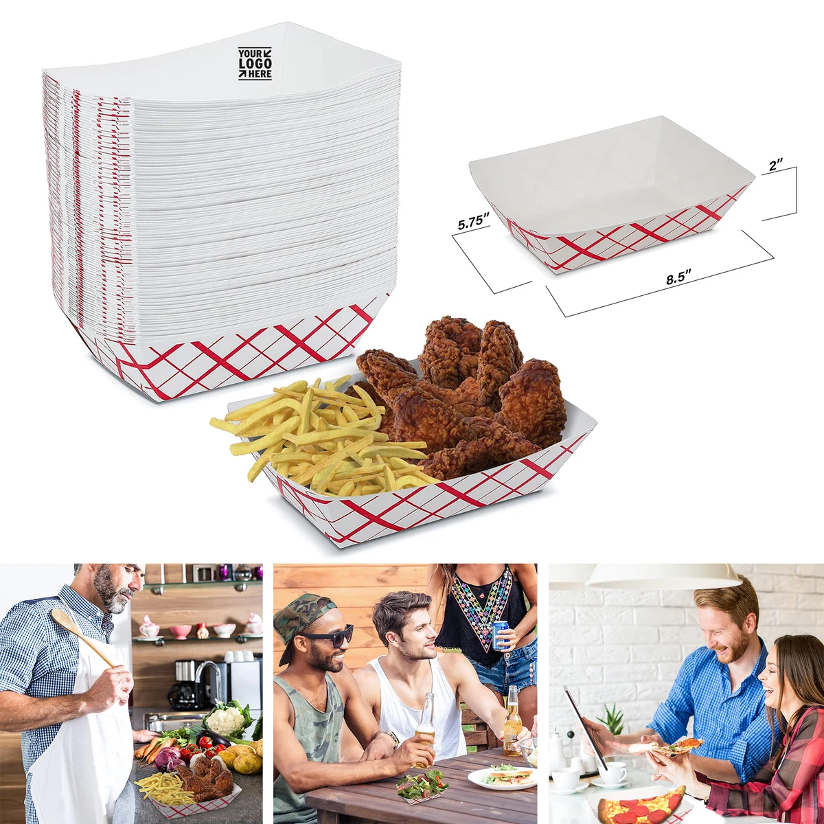 5.75"x 8.5"x 2" 5 lb Recyclable Paper Food Tray Disposable Plaid Classy Red and White Boat 1