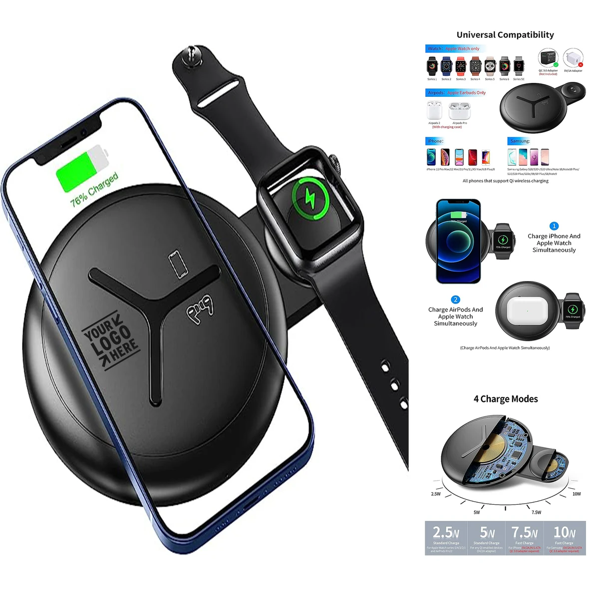 2 in 1 Compatible with iPhone Apple Watch and AirPods Qi Fast Charger Wireless Charging Station 1