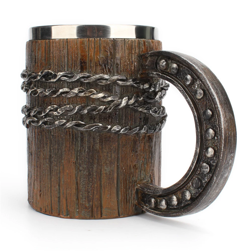 Simulation Horseshoe Handle Chain Wooden Barrel Style Beer Mug 1