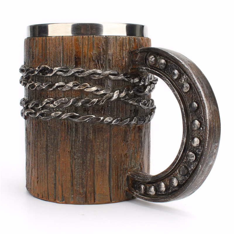 Simulation Horseshoe Handle Chain Wooden Barrel Style Beer Mug