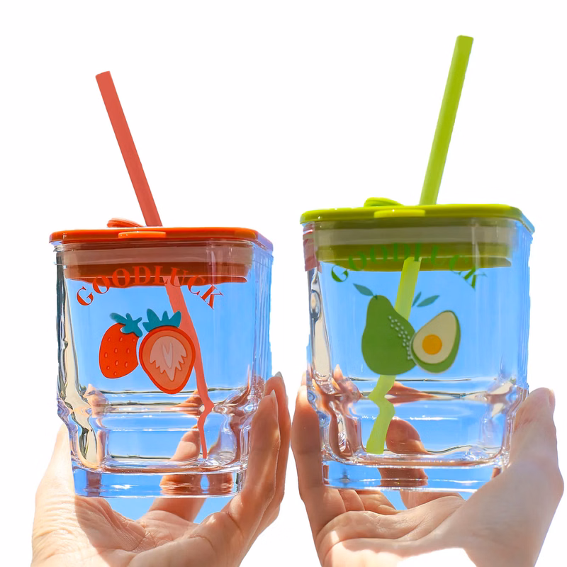 Large Capacity Glass Square Cup With Lid And Straw