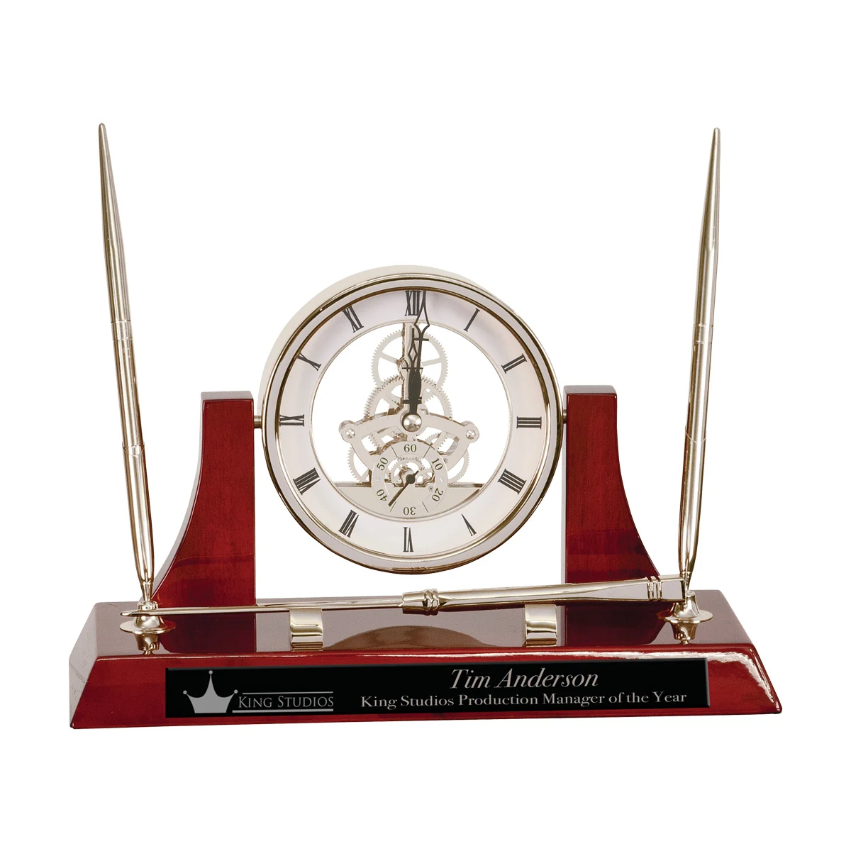 10 1/2" x 6" Executive Silver/Rosewood Piano Finish Clock w/2 Pens/Letter Opener 1