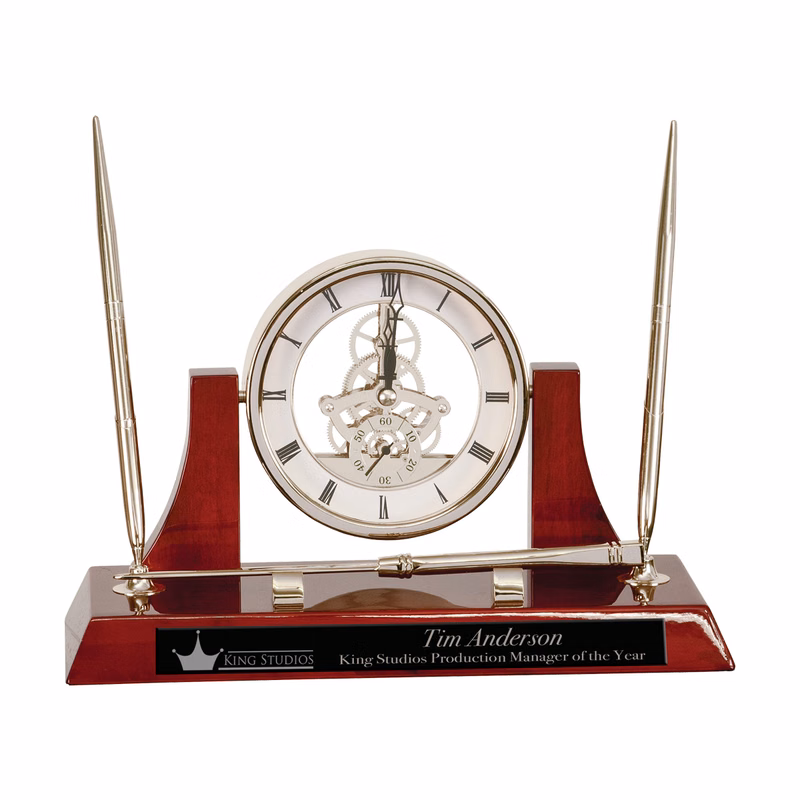 10 1/2" x 6" Executive Silver/Rosewood Piano Finish Clock w/2 Pens/Letter Opener