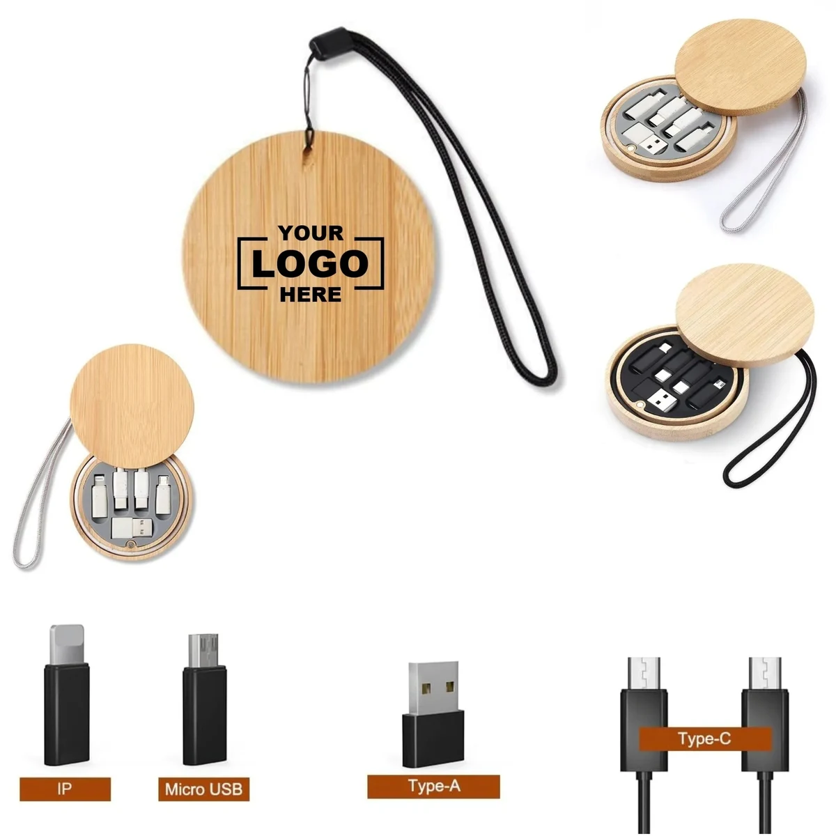 Bamboo Wood Data Cable Adapter Storage Case 1