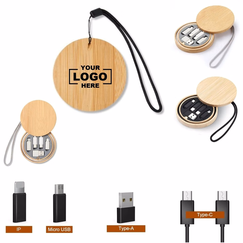 Bamboo Wood Data Cable Adapter Storage Case