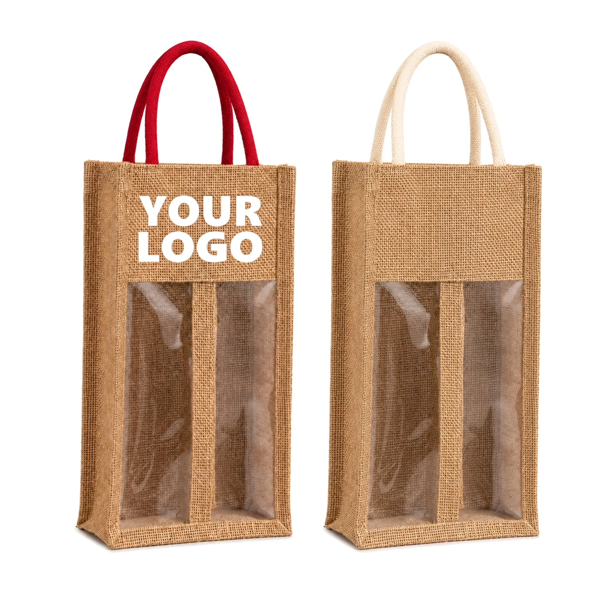Windowed Jute Double Bottle Wine Bag, custom tote bag with logo imprint 1