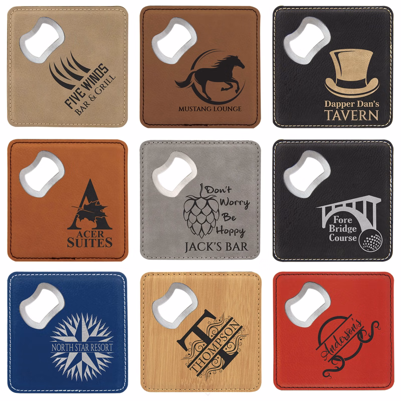4" x 4" Square Laserable Leatherette Bottle Opener Coaster
