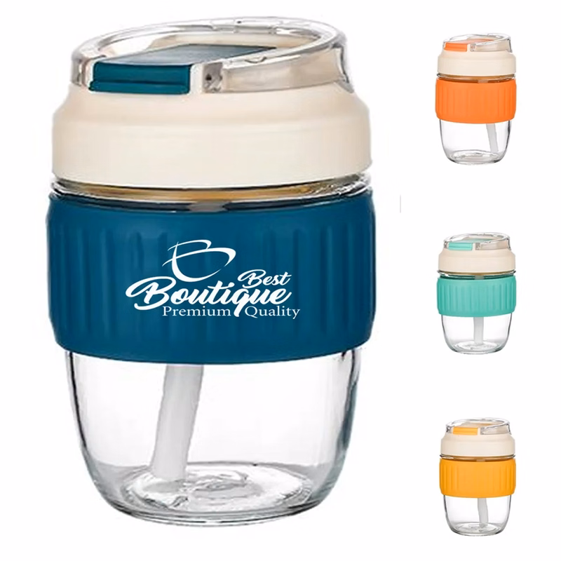 Coffee Drinking Silicone Sleeve Clear Cup with Lid and Straw