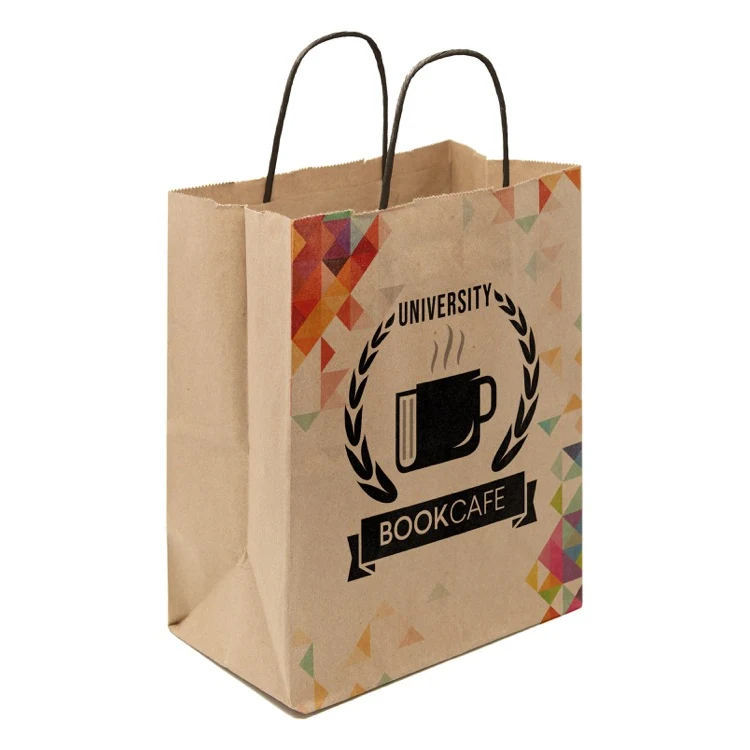 Full Color 1-Sided Natural with Black Handle Shopper Paper Bags (8"x 10.25"x 5") 1
