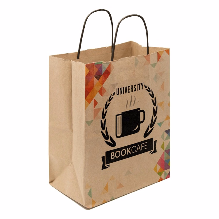 Full Color 1-Sided Natural with Black Handle Shopper Paper Bags (8"x 10.25"x 5")