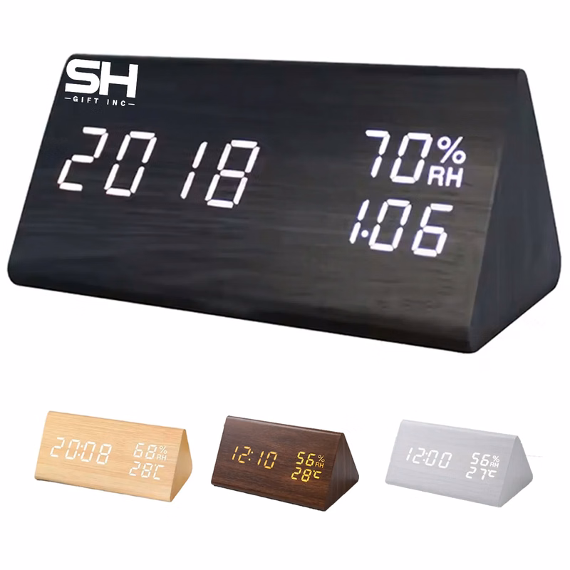 Wooden LED Alarm Clock With Voice Control And Temp Display