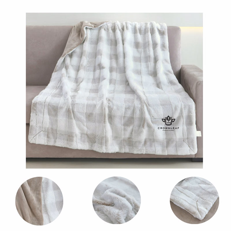 Soft Grey White Checkered Gradient Stripe Fleece Flannel Throw Blankets