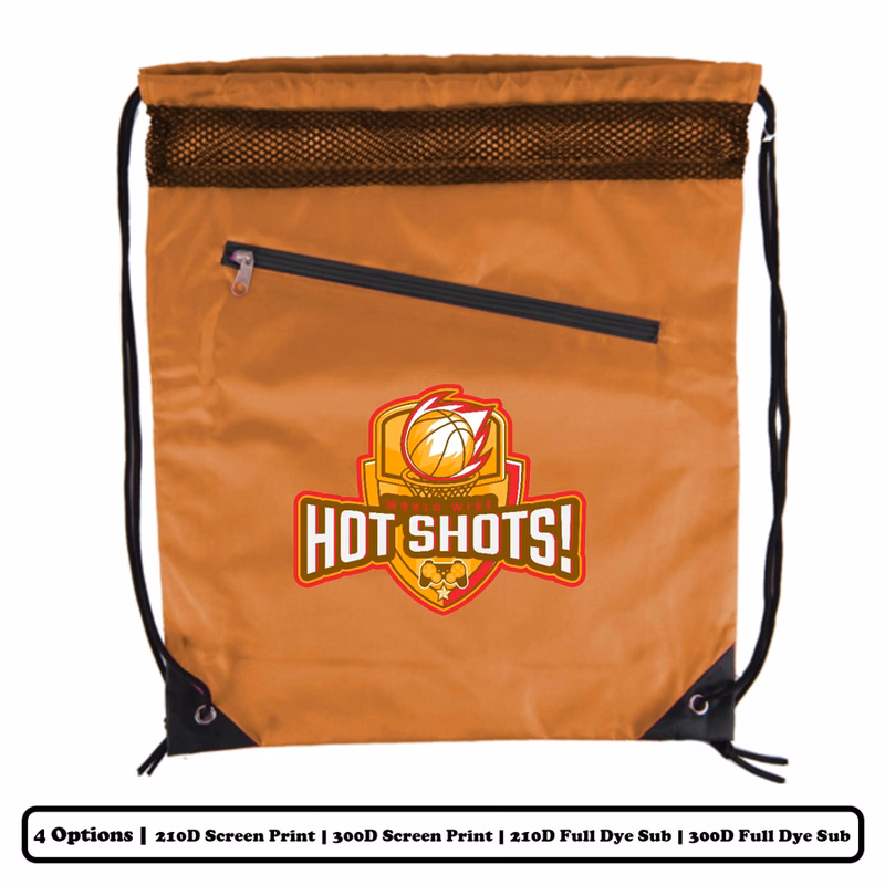 Mesh-Top Polyester Drawstring Bag w/ Slant-Zip Pocket w/