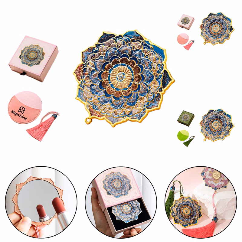 Blue Floral Portable Mirror with Embossed Texture